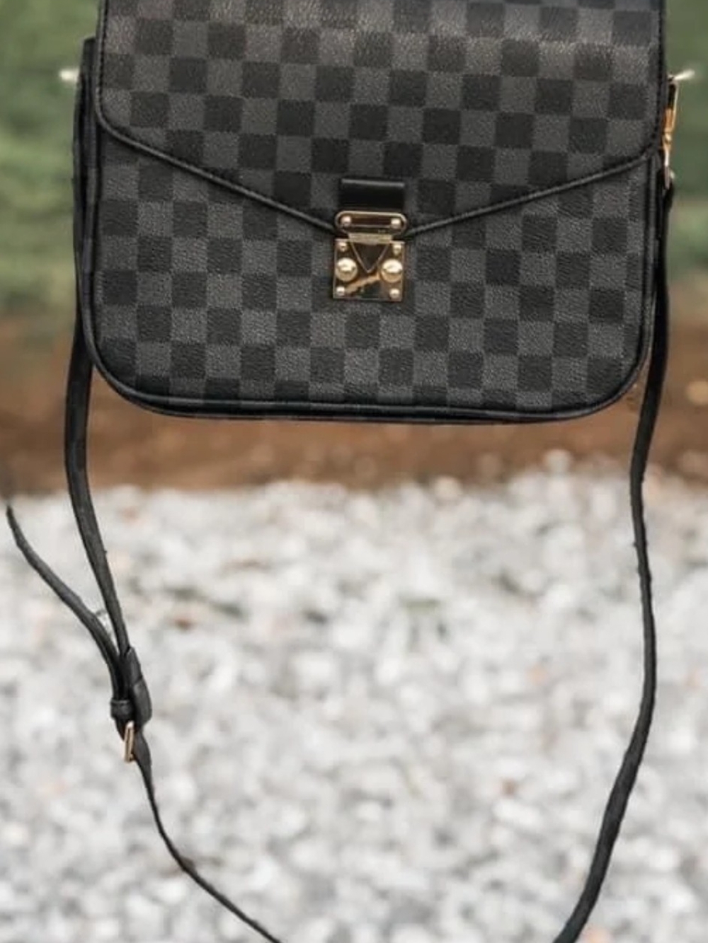 Black Checkered Crossbody Bag with Gold Hardware